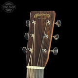 Headstock of Martin Custom Shop Dread 28 Style Adirondack / Wild Grain East Indian Rosewood.