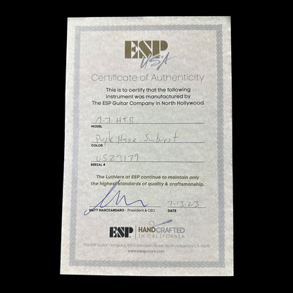 Certificate of Authenticity for ESP USA M-7B Hardtail Baritone QM Purple Haze Sunburst.