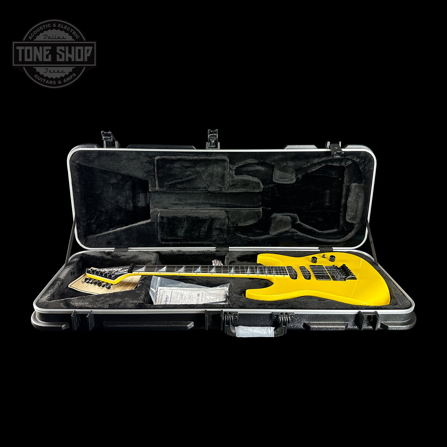 Jackson Custom Shop SL HSS Floyd Rose Graf Yellow in case.