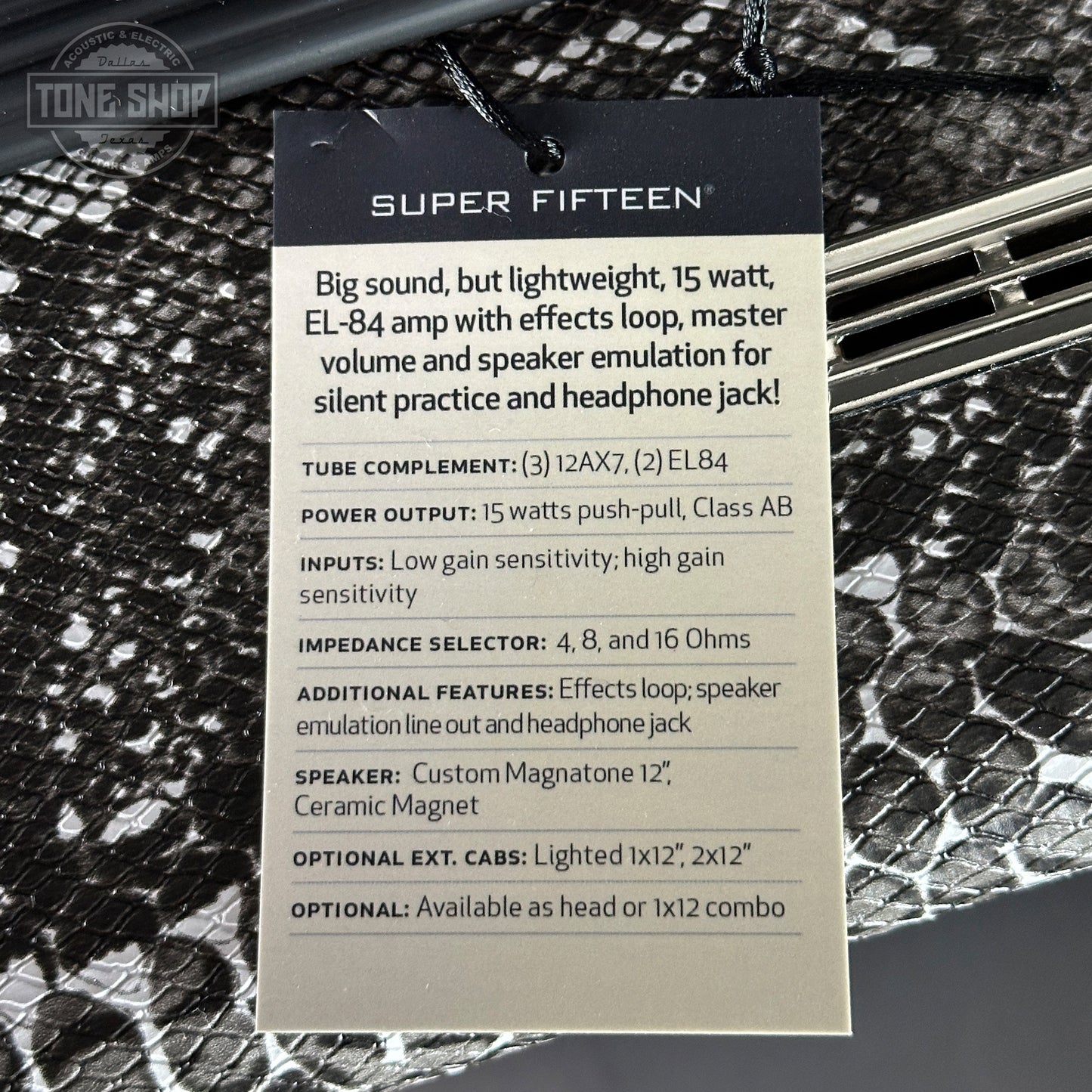 Hang tag for Magnatone Master Collection Super Fifteen 1 X 12 Combo Python Covering.