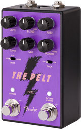 Angled shot of front of Fender The Pelt Fuzz purple on a white background