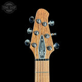Headstock of Powers Electric A-Type Select Maple Cruise Night Blue Ghost Flame PF42 Firestripe Delrin Cool CamTail.