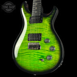 Front angle of PRS Wood Library DGT 10 Top Eriza Verde Smokeburst Swamp Ash Maple/Ebony.