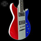 Front angle of Reverend Sensei RA Limited Edition Red/Silver/Blue Sparkle.