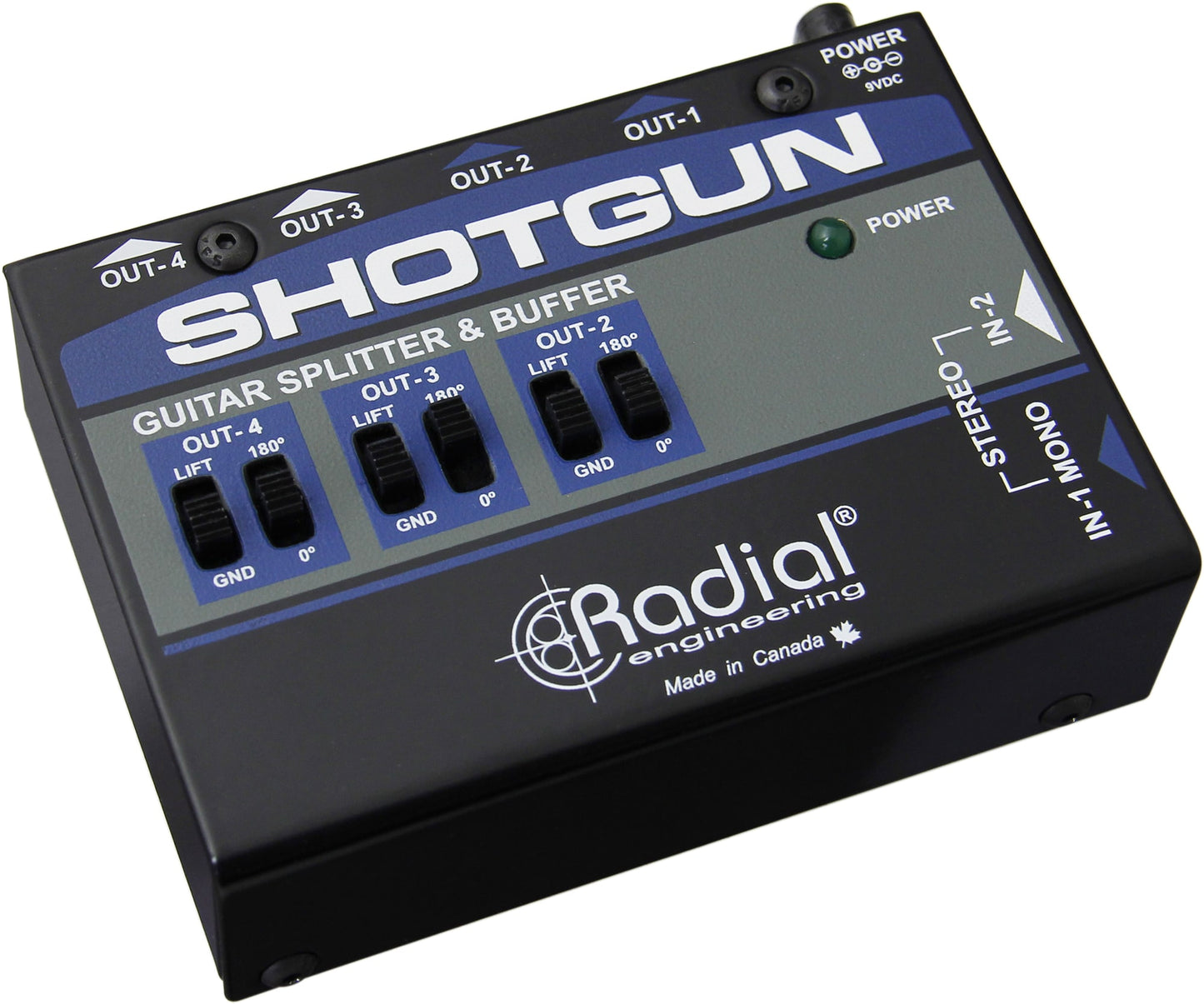 Left angle of Radial Shotgun Guitar distro with 1x4 mono or 2x2 stereo routing w isolated outputs.