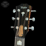 Headstock of Taylor 2025 Namm Custom #35 Grand Pacific Big Leaf Maple.