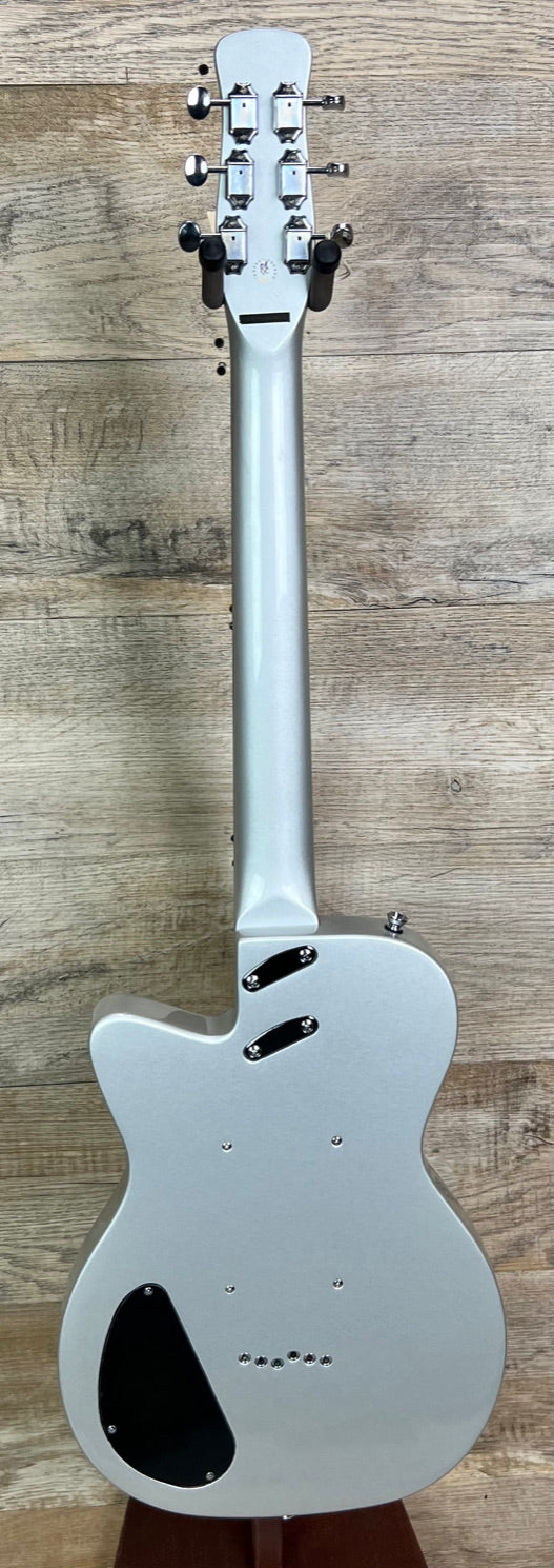 Full back of Open box Silvertone 1303 Single Cut Bolt-on Lipstic Pickups Silverburst.