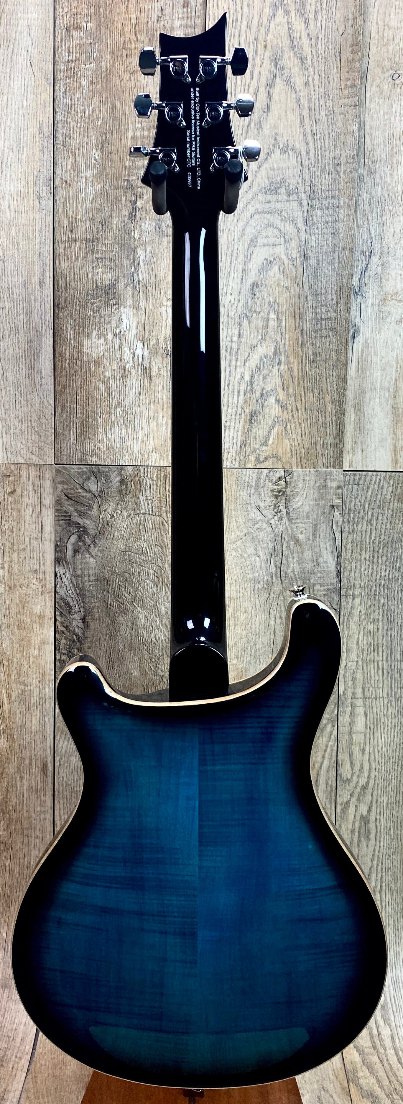 Back of PRS Paul Reed Smith SE Hollowbody II Piezo Peacock Blue Smokeburst.