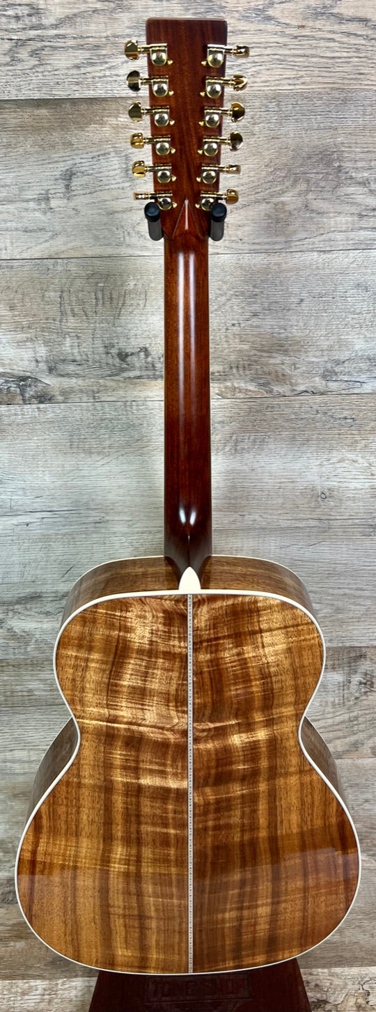 Back of Martin Custom Shop Grand Jumbo 12 String Adirondack/Highly Flamed Koa.