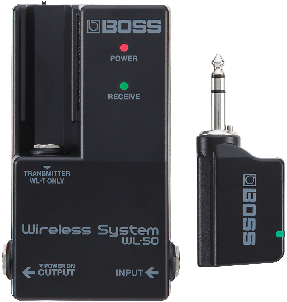 Top down of Boss WL-50 Guitar Wireless System contents.