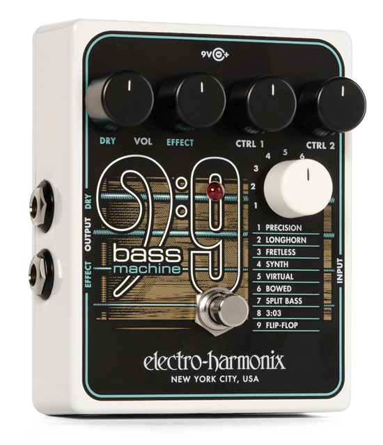 Front right angle of EHX Electro-Harmonix BASS9 Bass Machine.
