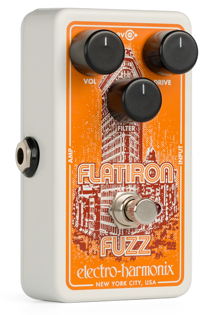 Front left angle of EHX Electro-Harmonix Flatiron Fuzz.