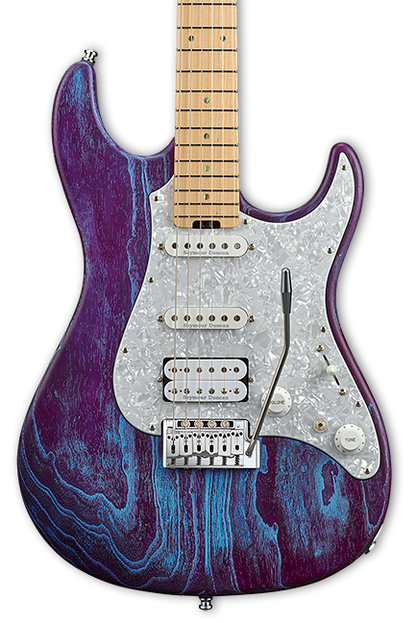 Front of ESP Custom Shop SNAPPER AS/M Drift Wood Indigo Purple w/Blue Filler.
