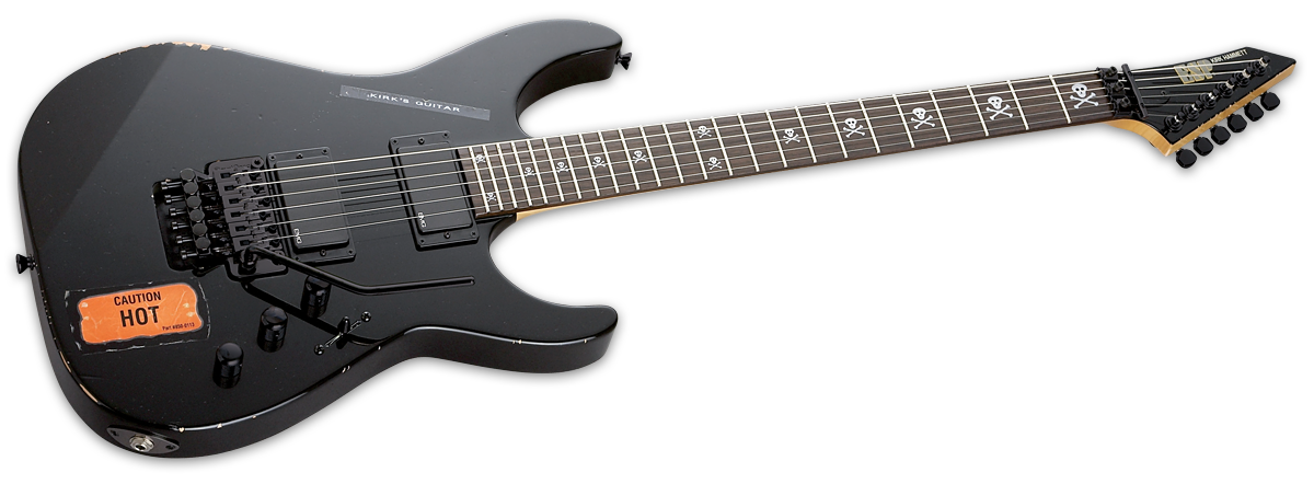 Full front angle of ESP KH-2 Vintage Kirk Hammett Signature Series Distressed Black.