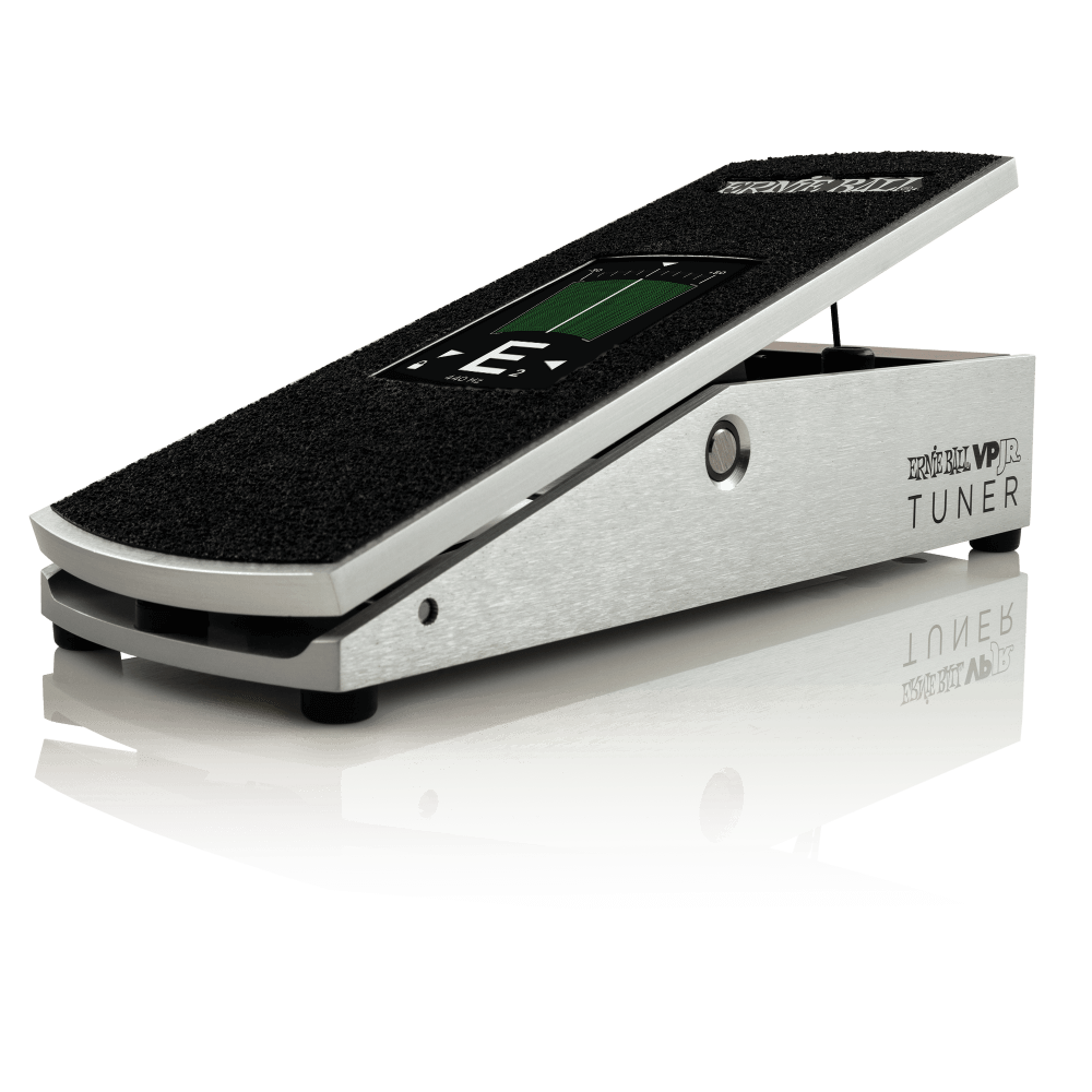 Front right angle of Ernie Ball VPJR Tuner/Volume Pedal Silver.