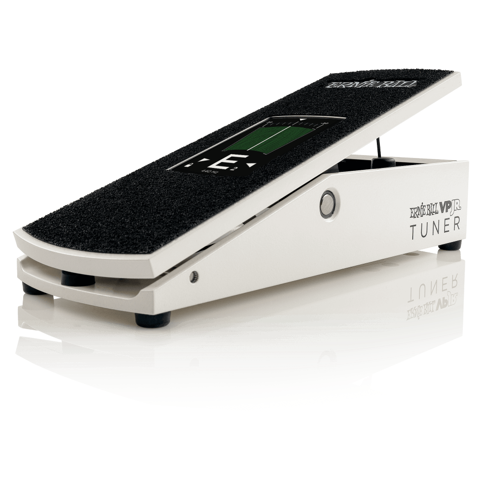 Front right angle of Ernie Ball VPJR Tuner/Volume Pedal White.