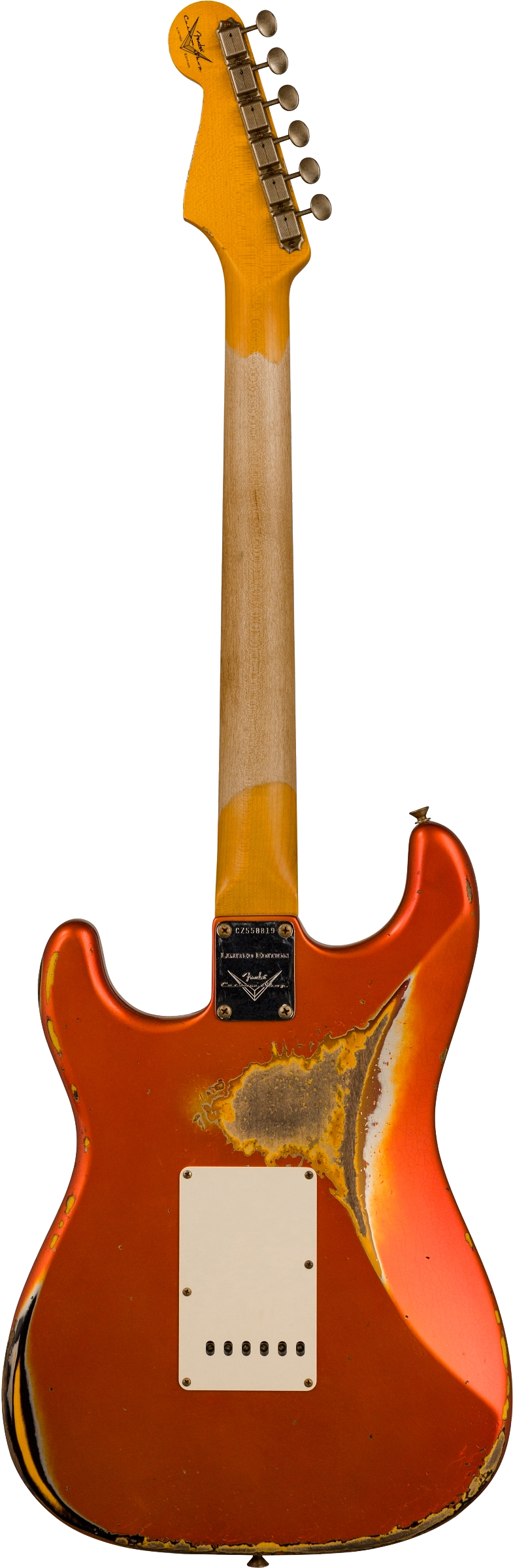 Full back shot of Fender Custom Shop Limited Edition 62 Strat Heavy Relic Aged Candy Tangerine Over 3 Color Sunburst.
