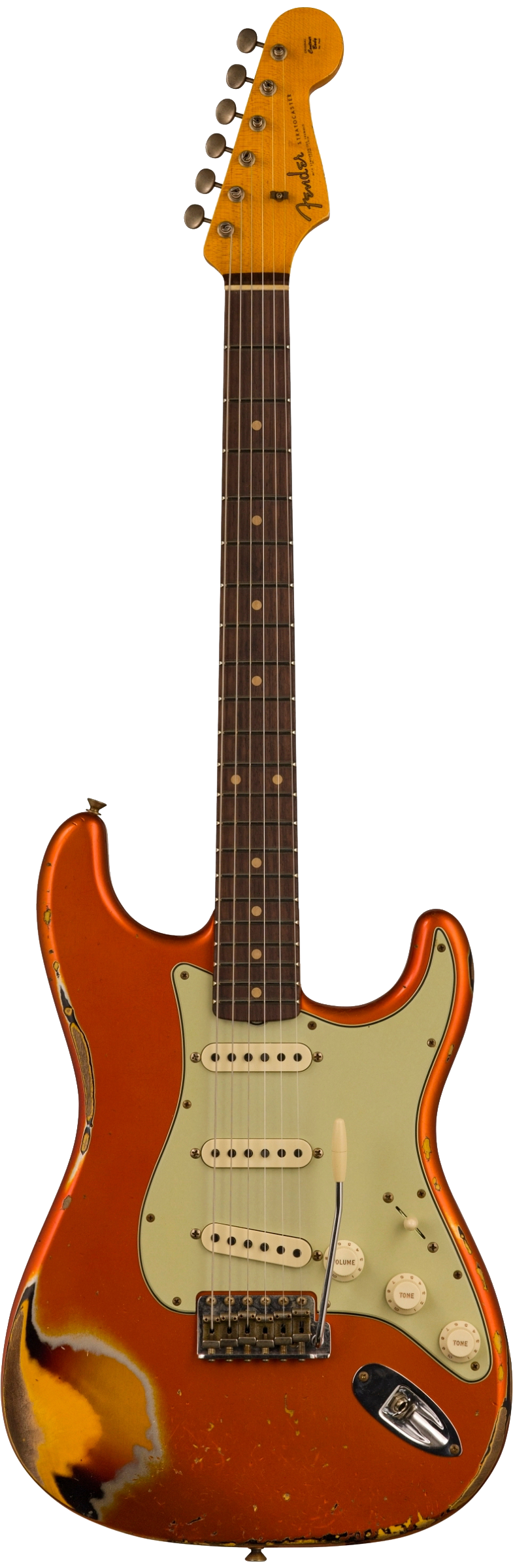 Full front shot of Fender Custom Shop Limited Edition 62 Strat Heavy Relic Aged Candy Tangerine Over 3 Color Sunburst.