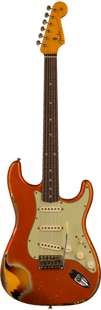 Full front shot of Fender Custom Shop Limited Edition 62 Strat Heavy Relic Aged Candy Tangerine Over 3 Color Sunburst.