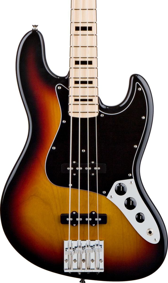Front of Fender Geddy Lee Jazz Bass MP 3-Color Sunburst.