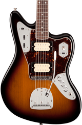 Front of Fender Kurt Cobain Jaguar Rosewood Fingerboard 3-Color Sunburst.