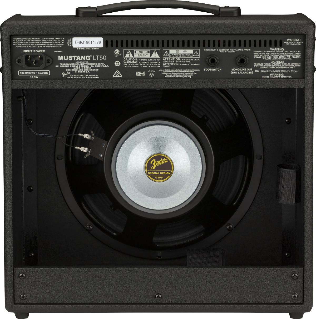 Back of Fender Mustang LT50 120V.