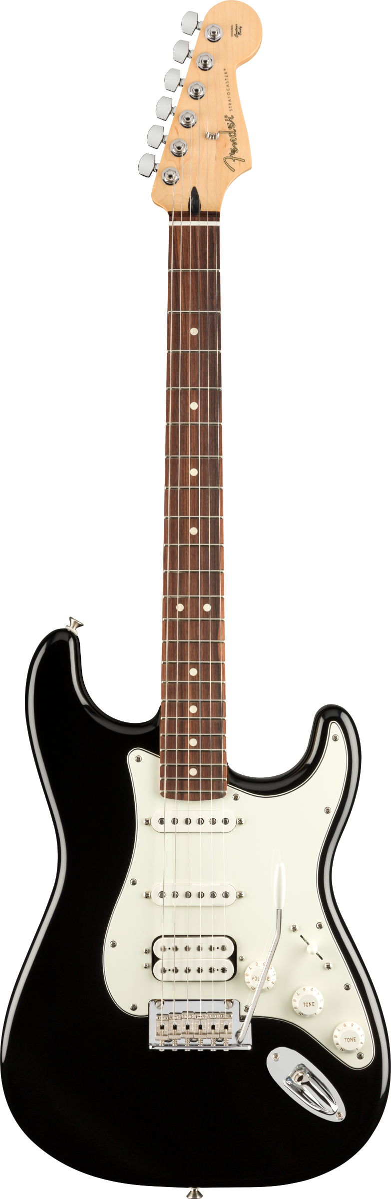 Full frontal of Fender Player Stratocaster HSS Pau Ferro Fingerboard Black.