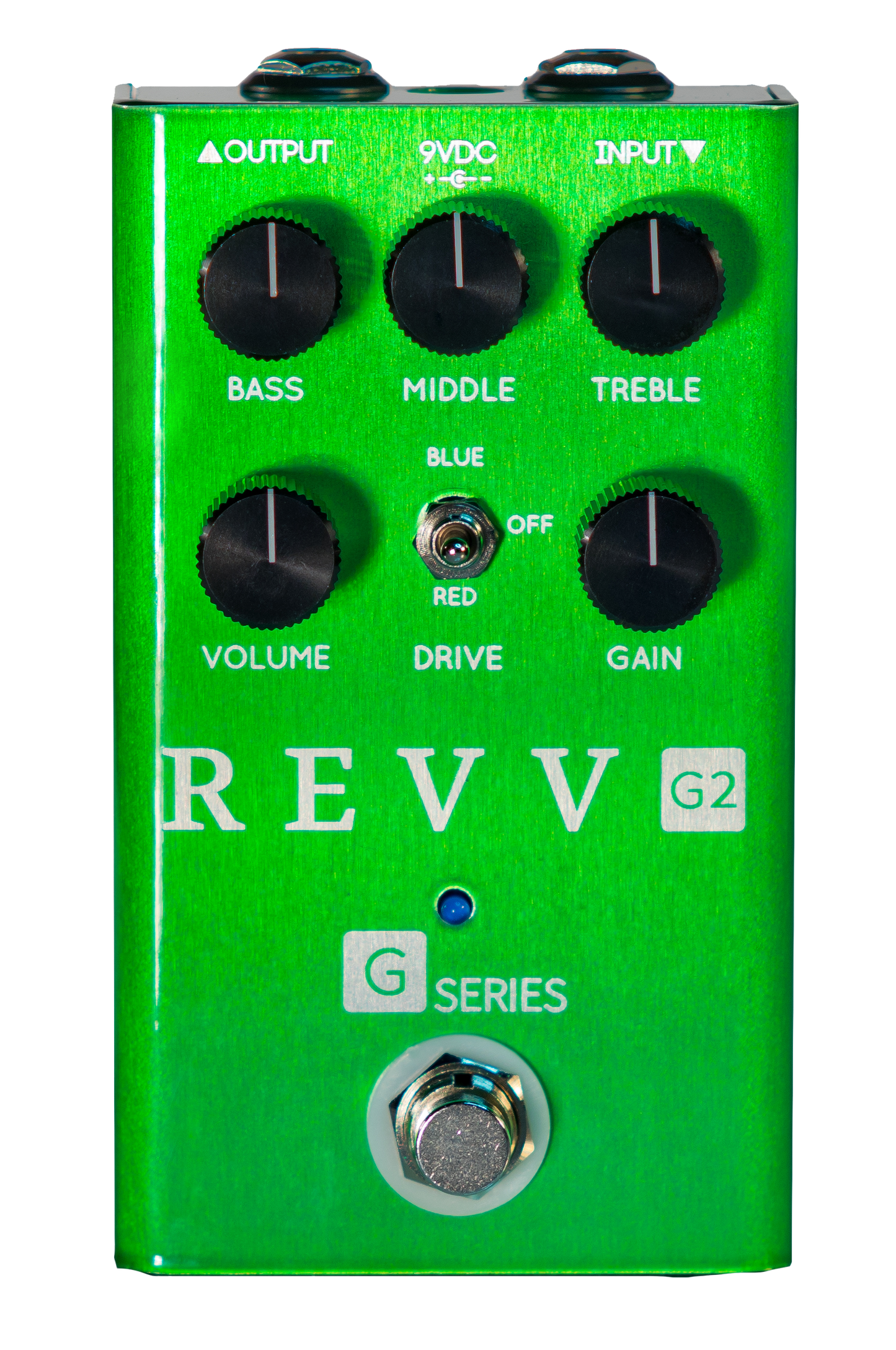 Top down of Revv G2 Preamp/Overdrive/Distortion Green.