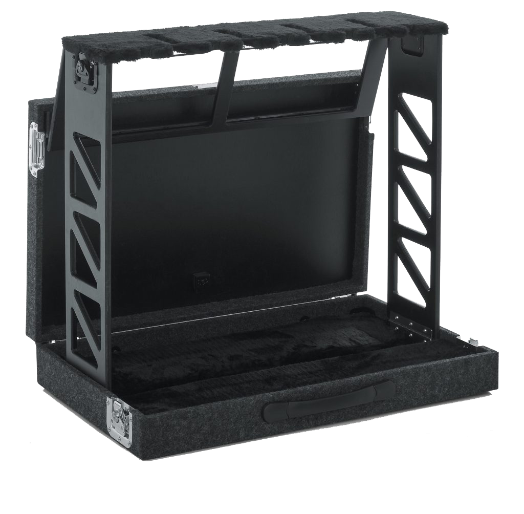 Front left angle of Gator GTRSTD4 Rack Style guitar stand Folds into case.