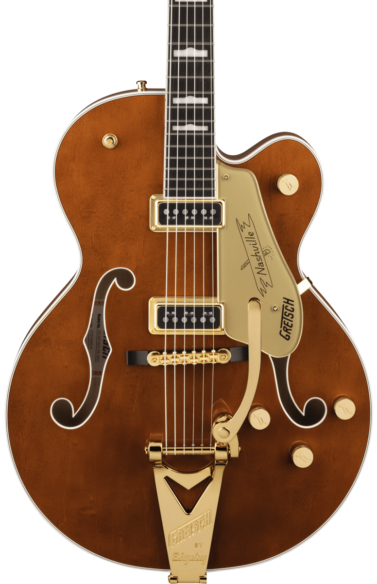Front of Gretsch G6120TG-DS Players Edition Nashville Hollow Body DS with String-Thru Bigsby and Gold Hardware Ebony Fingerboard Roundup Orange.