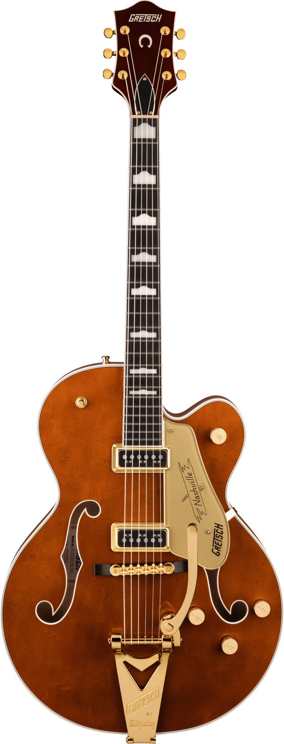 Full frontal of Gretsch G6120TG-DS Players Edition Nashville Hollow Body DS with String-Thru Bigsby and Gold Hardware Ebony Fingerboard Roundup Orange.