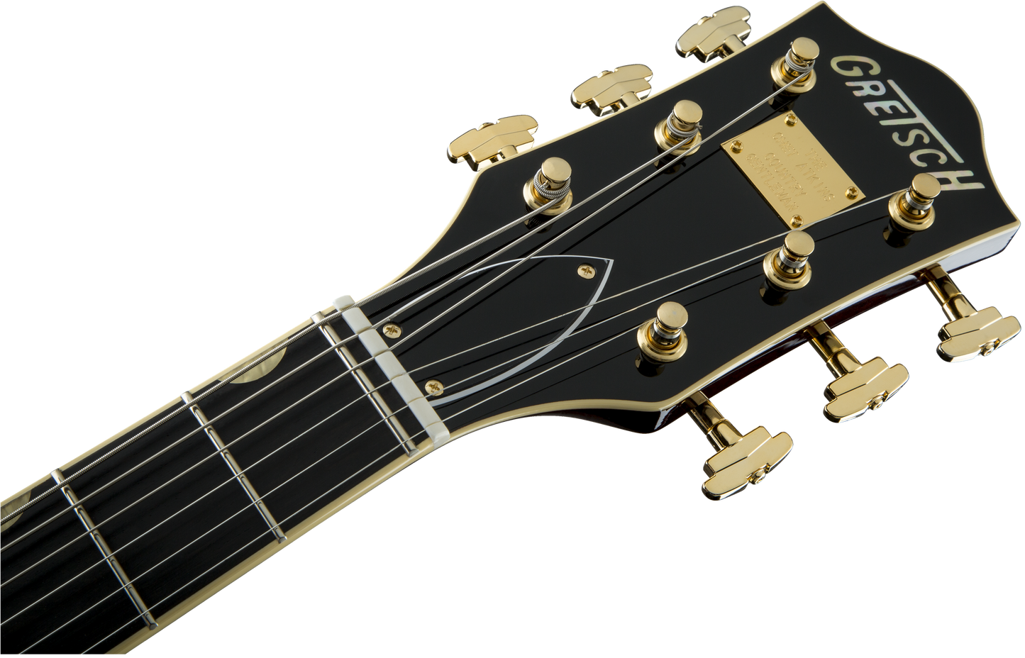 Close up of Gretsch G6122T-62 Vintage Select Edition '62 Chet Atkins Country Gentleman w/Bigsby TV Jones Walnut Stain headstock.