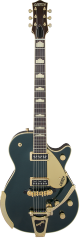 Full frontal of Gretsch G6128T-57 Vintage Select ’57 Duo Jet w/Bigsby TV Jones Cadillac Green.