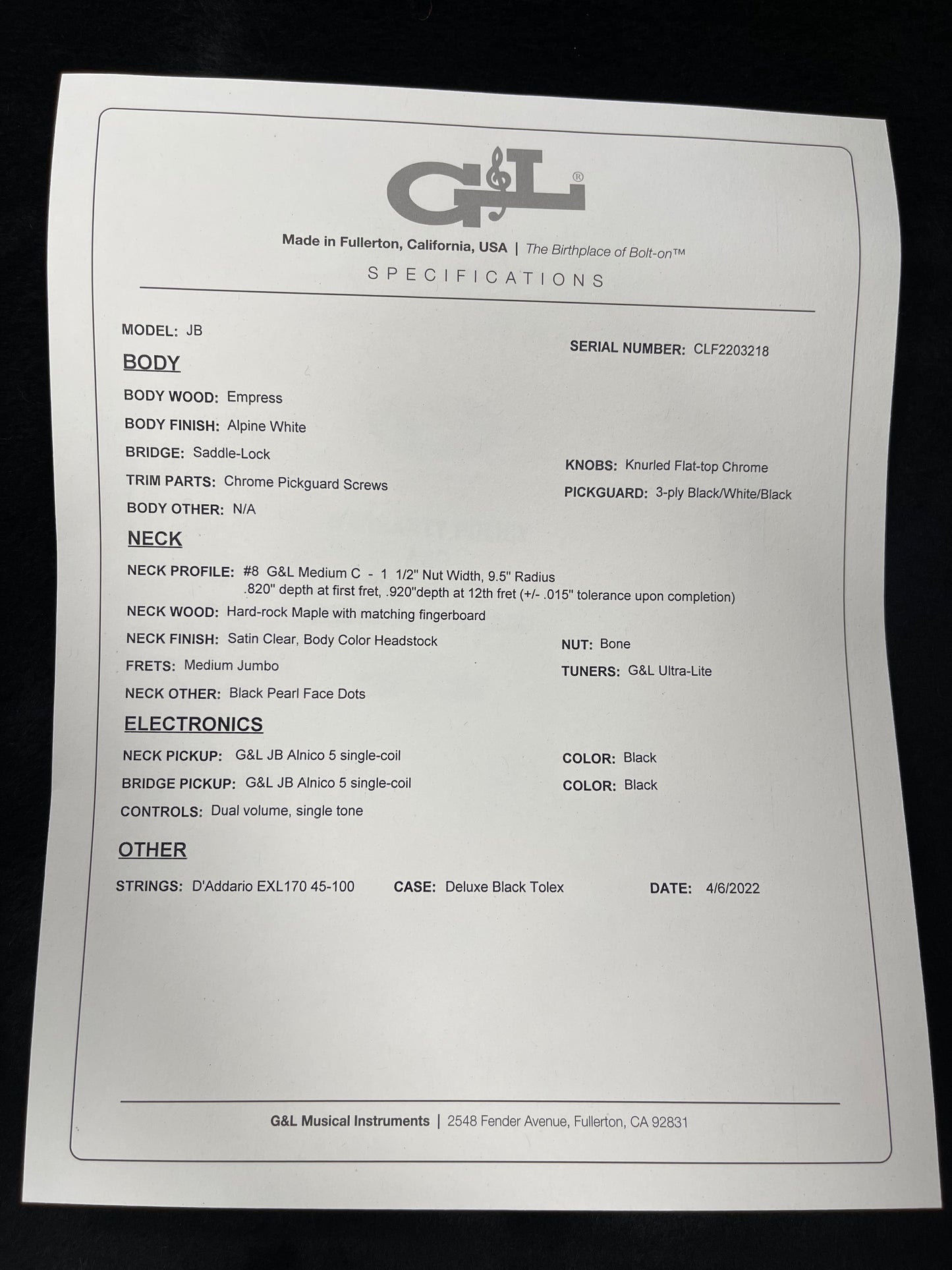 G&L USA JB Jazz Bass Alpine White Empress Painted Headstock w/case