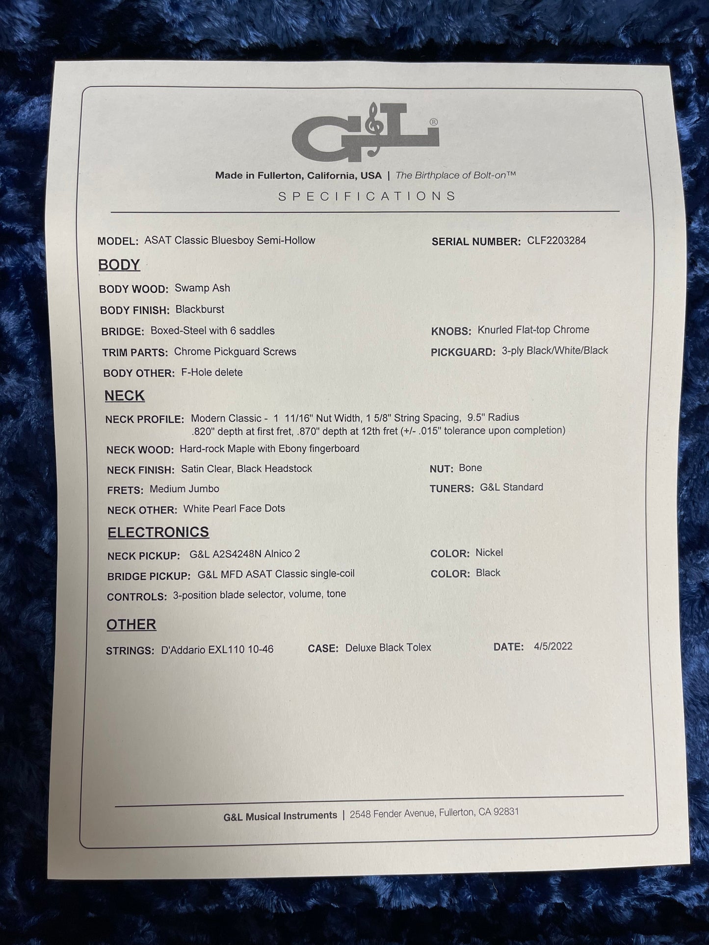 Spec sheet for Open Box G&L USA ASAT Classic Bluesboy Semi-Hollow No F-Hole Blackburst.