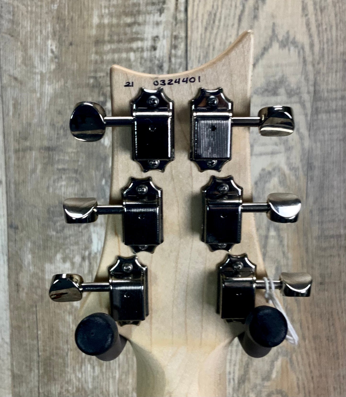 Back of PRS Paul Reed Smith Fiore Mark Lettieri Black Iris headstock.