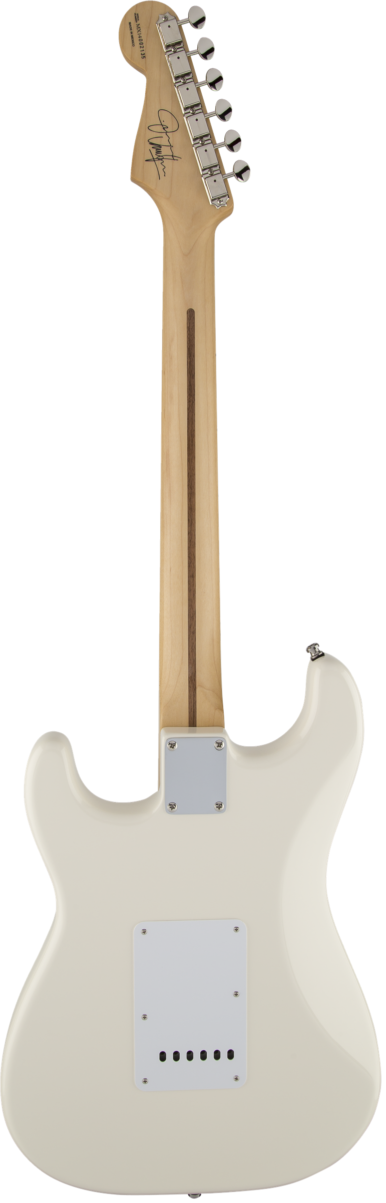 Back of Fender Jimmie Vaughn Tex-Mex Strat MP Olympic White.