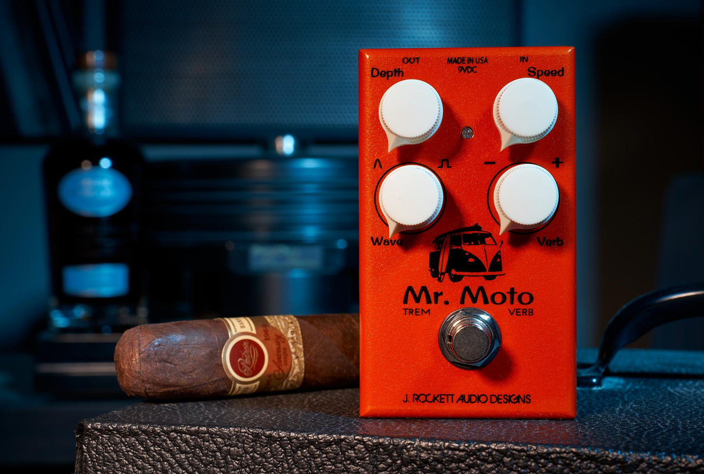 Top of J Rockett Mr. Moto Tremolo/ Spring Reverb next to cigar.