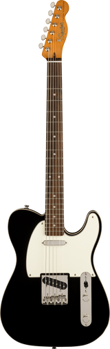 Full frontal of Squier Classic Vibe Baritone Custom Telecaster Laurel Fingerboard Parchment Pickguard Black.