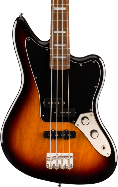 Front Squier Classic Vibe Jaguar Bass 3-Color Sunburst.
