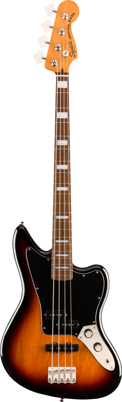 Full frontal of Squier Classic Vibe Jaguar Bass 3-Color Sunburst.