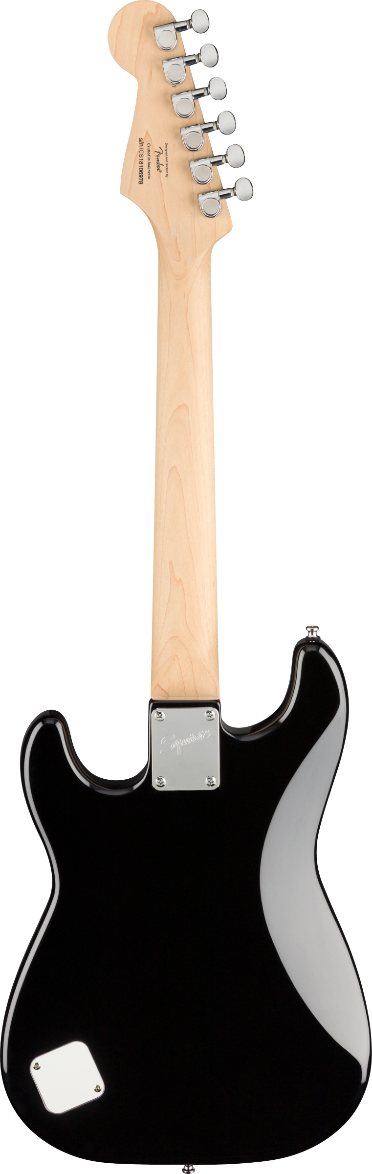 Back of Squier Mini Stratocaster Laurel Fingerboard Black.