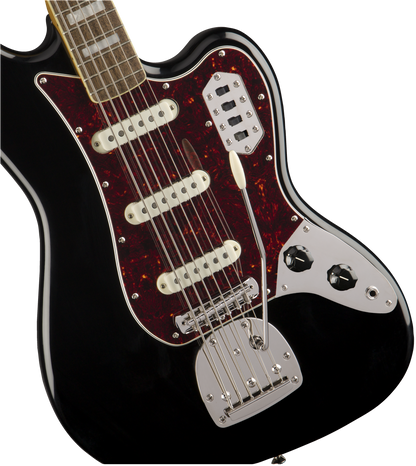 Close up of Squier Classic Vibe Bass VI Black body.