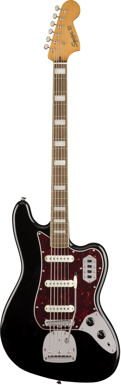 Full frontal of Squier Classic Vibe Bass VI Black.