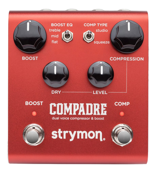 Top down of Strymon Compadre Dual Voice Compressor & Boost.