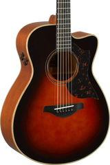 Front angle of Open Box Yamaha AC3M ARE Concert Cutaway Tobacco Brown Sunburst.
