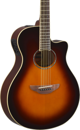Front of Yamaha APX600 Thinline Cutaway Old Violin Sunburst.