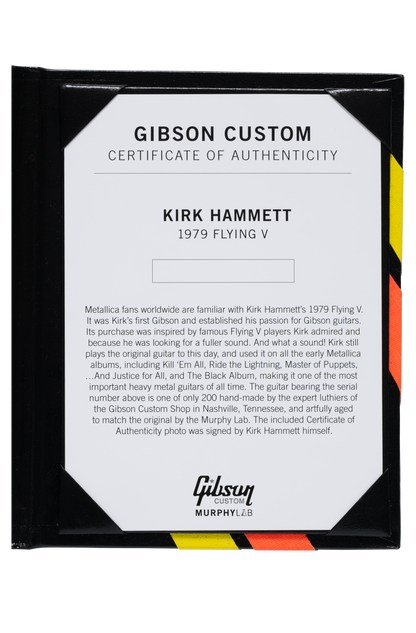 Certificate of authenticity for Gibson Custom Shop Kirk Hammett 1979 Flying V.
