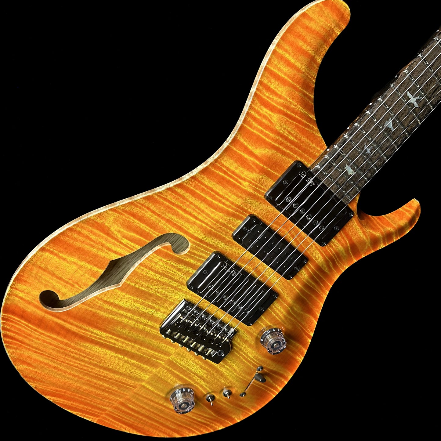 Front angle of PRS Private Stock Special Semi-hollow Limited Edition Citrus Glow.