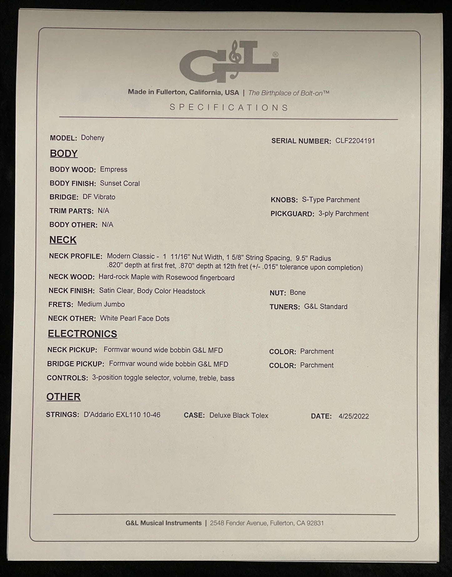Open Box G~andL USA Doheny Sunset Coral Matching Headstock w/case 6.10lbs